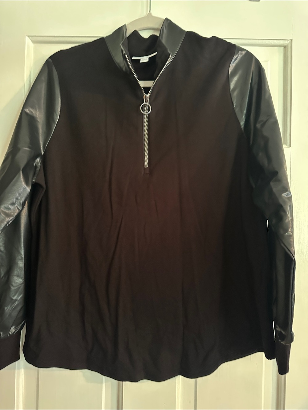 Chico's Black Top with Shiny Gray Sleeves